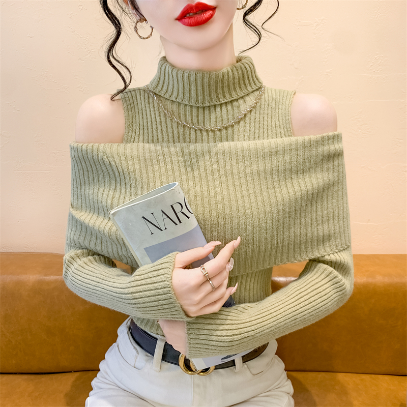 实拍2025新款秋冬懒高级感法式露肩高领钉钻针织毛衣女