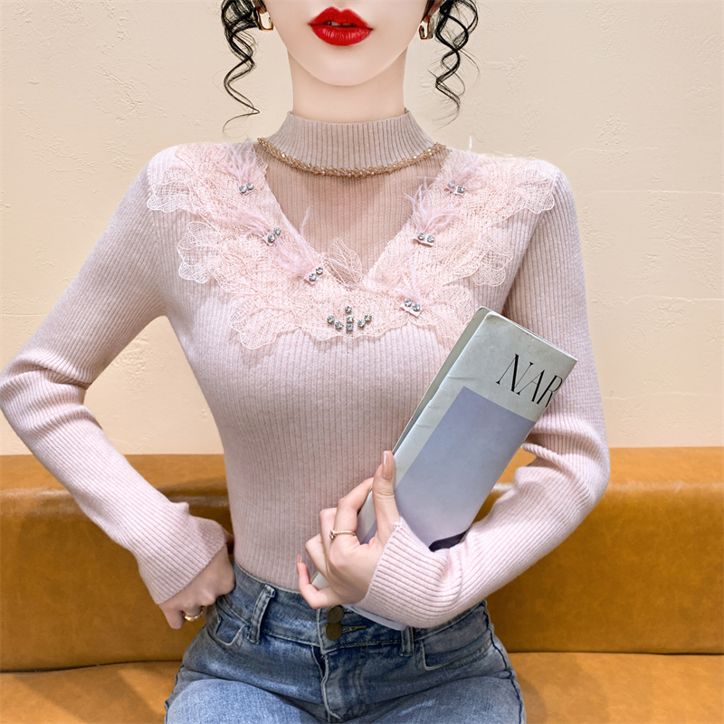 实拍重工钉钻气质蕾丝半高领长袖针织衫女冬季打底衫修身内搭上衣