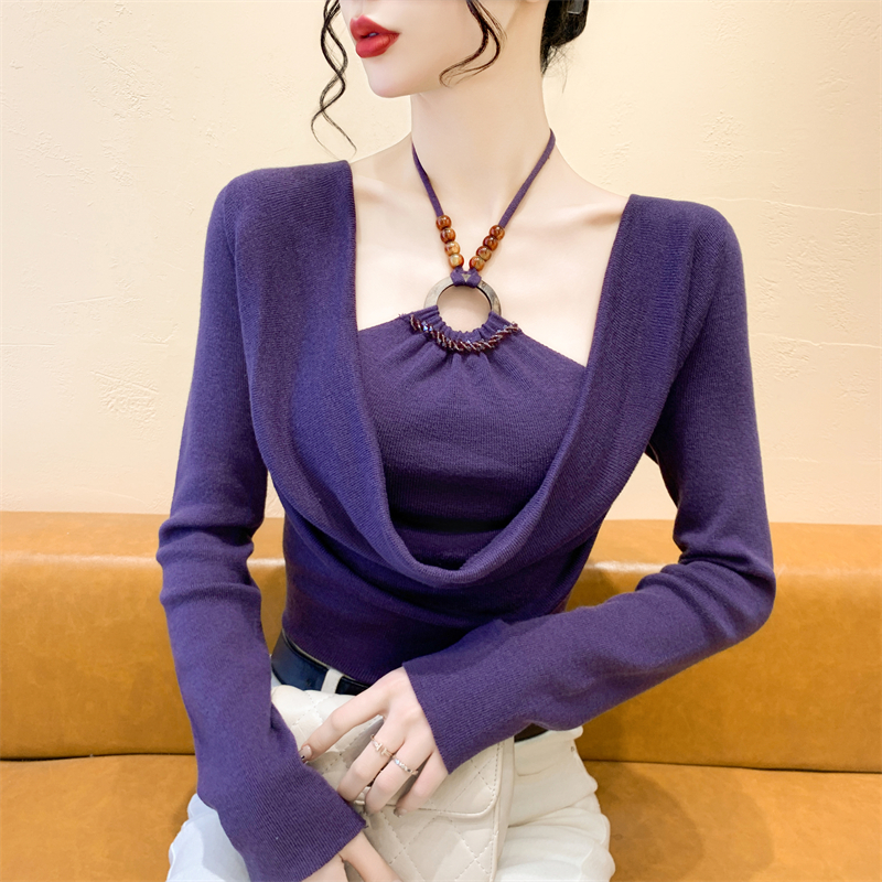 实拍钉珠洋气时尚纯欲风辣妹长袖女上衣显瘦软糯针织打底毛衣