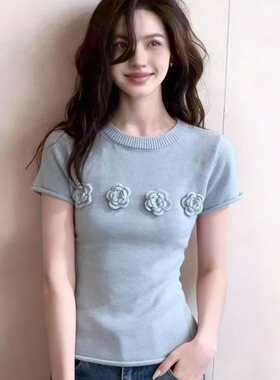 立体花朵刺绣短袖针织衫2026女夏季新款温柔别致百搭上衣