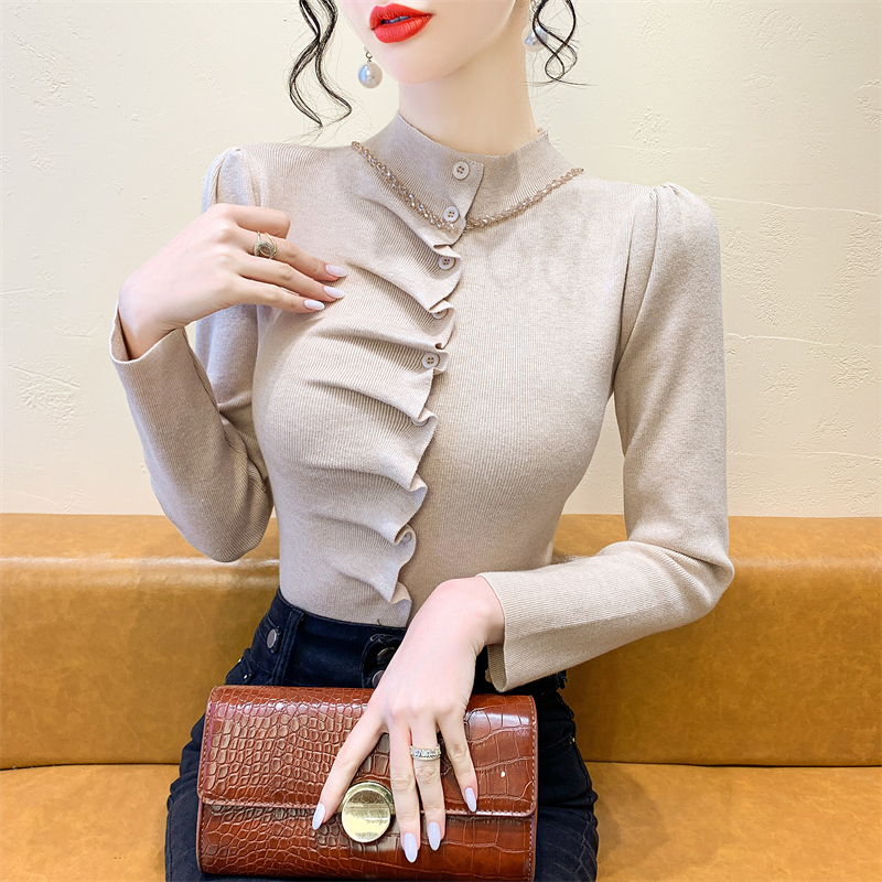 实拍钉钻针织衫女毛衣秋季新款气质半高领上衣褶皱修身打底衫开衫