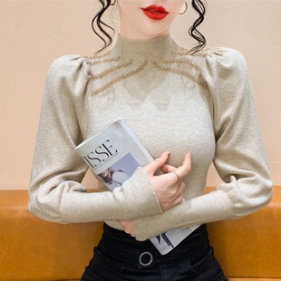 实拍 实拍法式复古半高领钉钻打底针织衫女内搭套新款灯笼袖毛衣