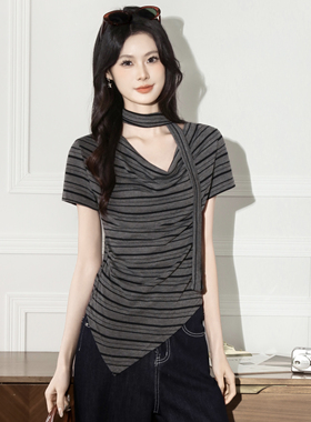 实拍别致设计感条纹拼接撞色短袖t恤女夏季新款斜肩系带修身收腰