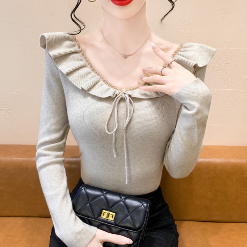 实拍 法式订钻V领茶叶边系带针织衫女秋冬新款修身显瘦打底衫毛衣