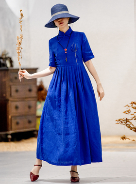 [清仓卖完即止]  蓝色亚麻连衣裙仙女裙立领改良旗袍裙大摆长裙
