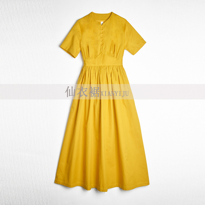 新中式国风黄色收腰连衣长裙