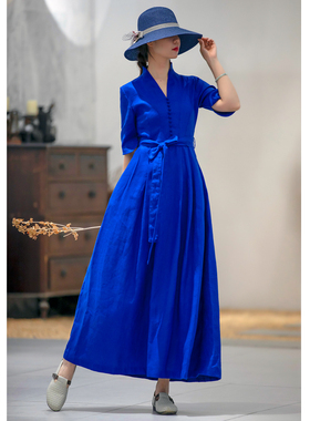 [清仓卖完即止] 蓝色连衣裙仙女裙V领亚麻收腰修身小个子大摆长裙