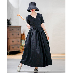 仙衣裾原创设计连衣裙棉V领大摆长裙薄款 提花收腰黑色长裙子 修身