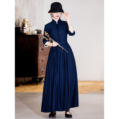 新中式大摆长裙亚麻棉藏蓝色
