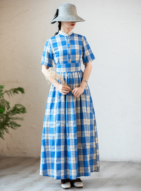 [清仓款卖完即止] 蓝色格子连衣裙新中式国风复古短袖修身长裙子