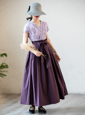 仙衣裾设计师国风复古优雅气质紫色连衣裙V领木耳边腰A型长裙女新