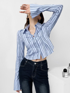 欧美风春秋新款条纹短款蓝色衬衫长袖修身显瘦小众设计感收腰上衣