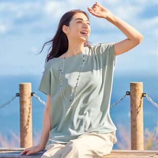 宽松舒适法式 2025年春夏季 日本代购 两侧开衩圆领短袖 T恤有大码