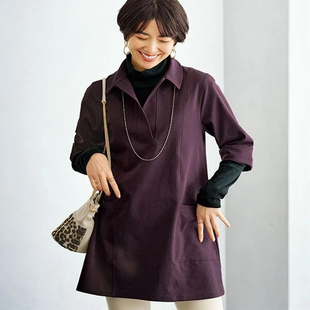 2025年秋日本代购 带领口中长罩衫 有大码 女士光滑蓬蓬感五分袖