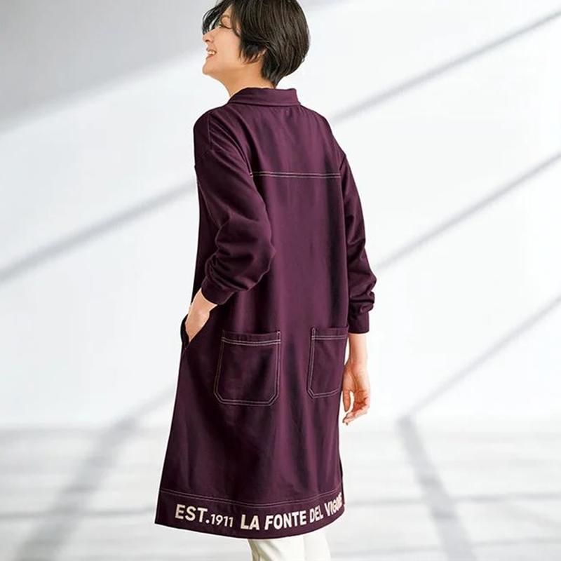 2024年秋款日本代购内里起毛保暖棉混长袖休闲款翻领连衣裙有大码