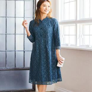 灰蓝色全蕾丝复古端庄连衣裙 2025年春款 日本代购 七分袖 有大码