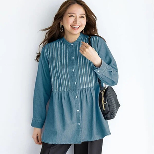 日本代购2026年春号女士竖条纹拼接宽松款100%棉牛仔衬衫 有大码
