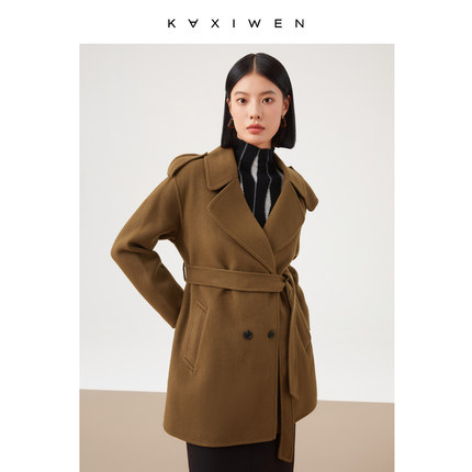 佧茜文2023年冬季时尚时尚v领长款双排扣毛呢大衣女100%羊毛大衣