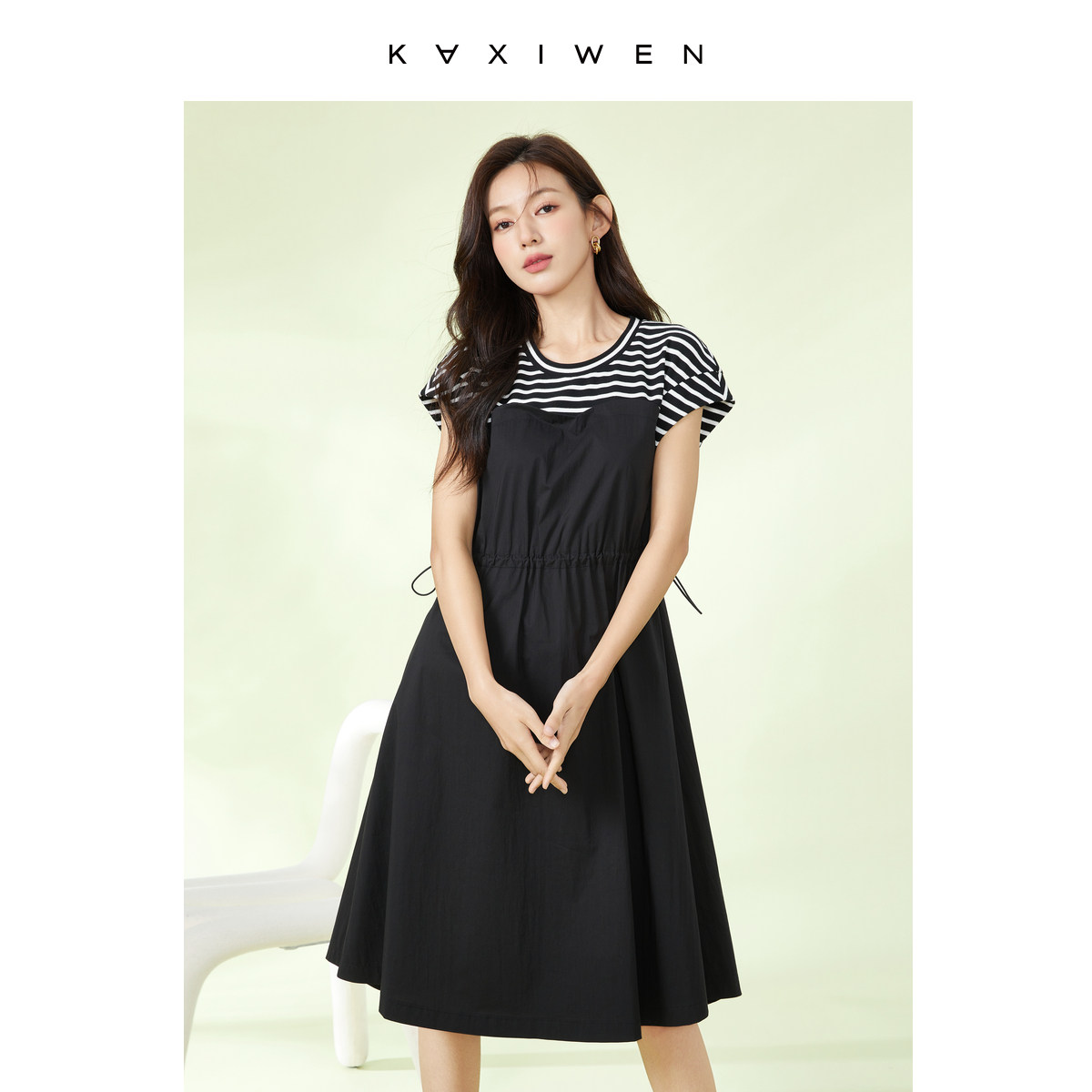 佧茜文连衣裙2024年夏季新款女装简约休闲撞色拼接抽绳衬衫裙子