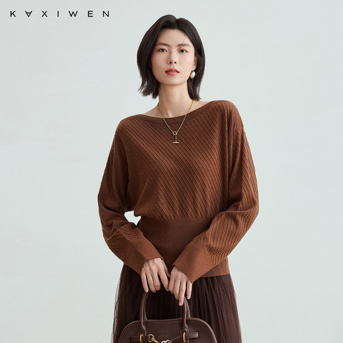 佧茜文斜纹移针蝙蝠针织衫