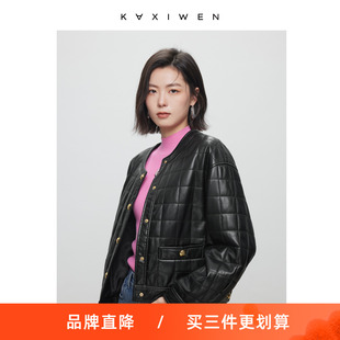 佧茜文复古港风皮衣潮流冬季 黑色气质简约华夫格圆领短外套女 新款