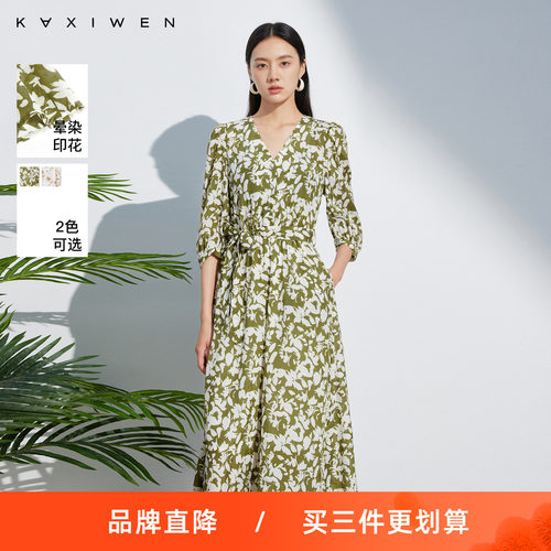 佧茜文温柔度假风连衣裙潮流夏季新款印花V领收腰显瘦中长裙女