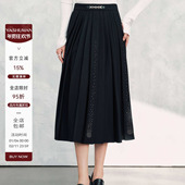 雅舒曼&图图妈 黑色高腰百褶半身裙秋冬新款 闪亮优雅气质长裙