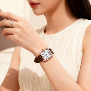 聚利时手表女款复古罗马刻度小方表真皮轻奢时尚棕色高级感石英表