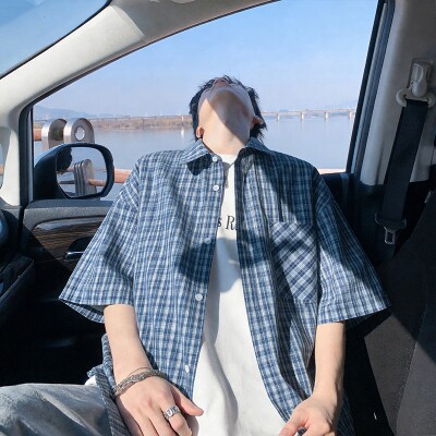 男韩版宽松撞色格子短袖T恤休闲潮流学生夏季时尚百搭街头圆领衫