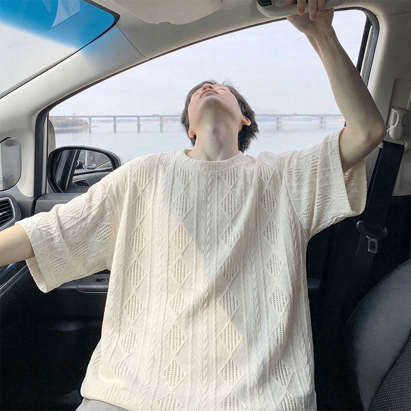 男款白色宽松韩版简约休闲纯色麻花纹理镂空圆领短袖百搭潮流T恤