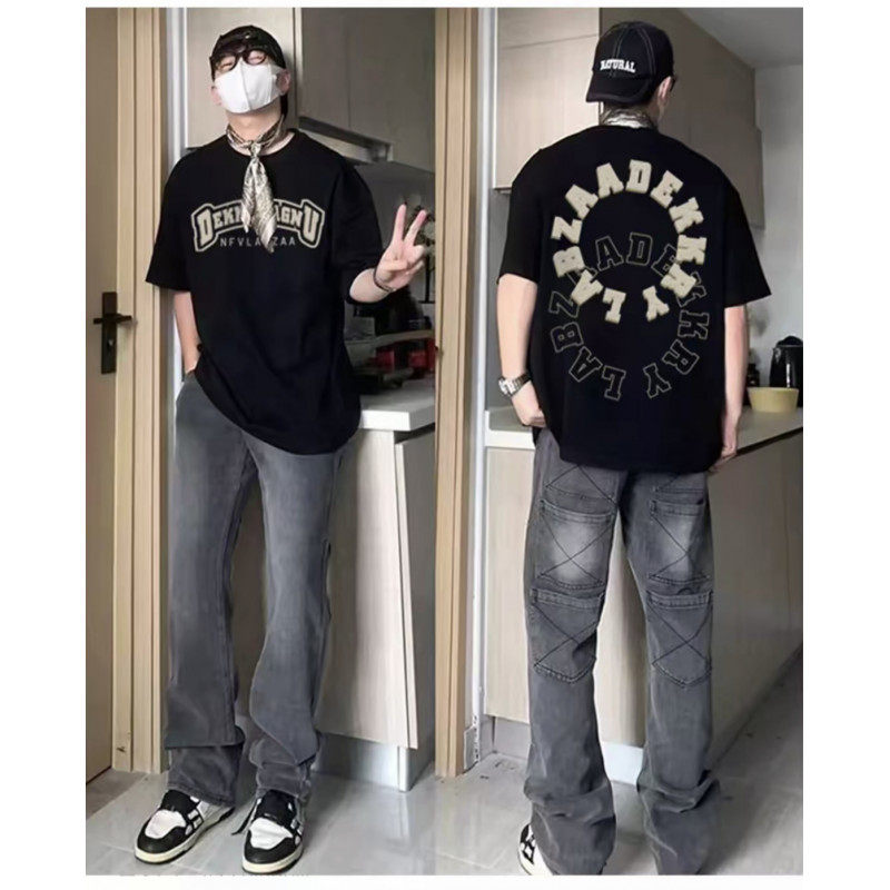 男款韩版宽松印花T恤ins潮牌个性时尚黑色夏季日常休闲街头短袖