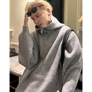男士韩版宽松连帽拉链针织衫毛衣外套中长款灰色慵懒风休闲潮