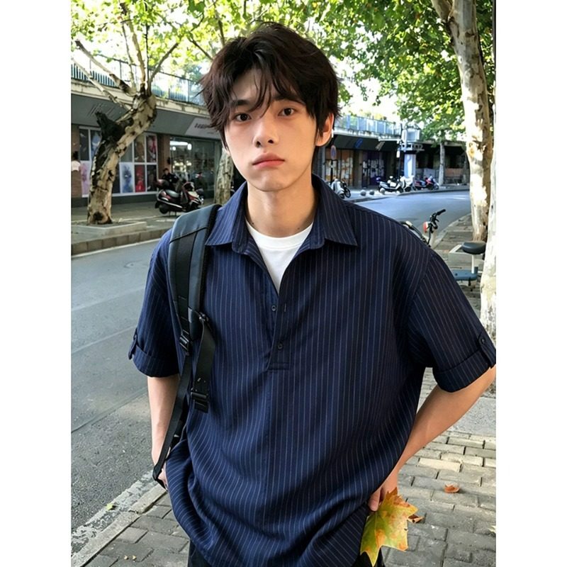 夏季韩版休闲男士假两件微宽松版型条纹翻领短袖衬衫可调节下摆衫
