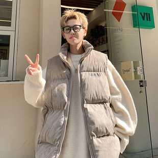 男士立领加厚保暖羽绒棉马甲坎肩外套麂皮绒印花潮牌冬季灰色马甲