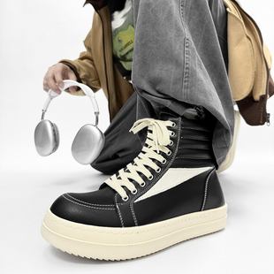 高帮鞋男款真皮厚底增高休闲RO板鞋子高街欧美复古增高帆布鞋靴子
