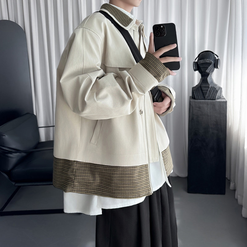 拼接夹克男宽松弯刀袖格纹外套无帽春秋设计感休闲男女款时尚