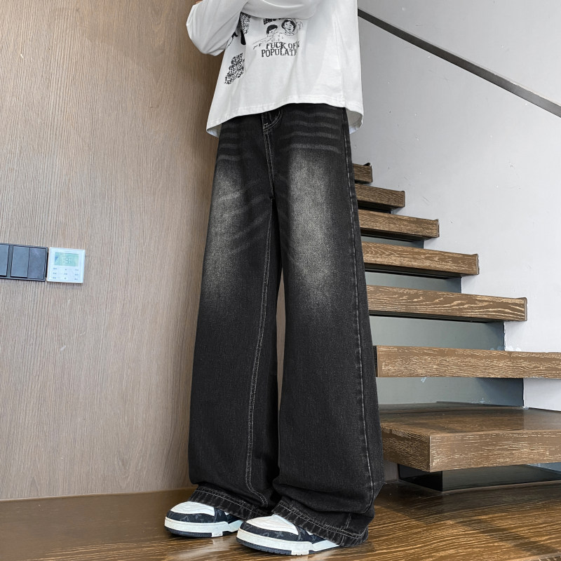 男士韩版复古美式高街水洗宽松直筒牛仔裤纯色潮流百搭休闲长裤
