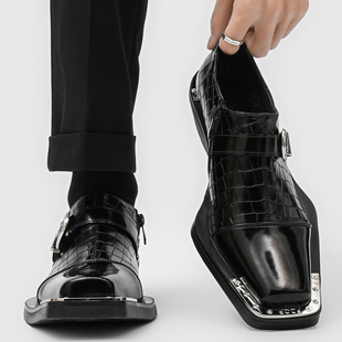 漆皮方头皮鞋男款厚底增高英伦风黑色商务正装百搭休闲通勤德比鞋