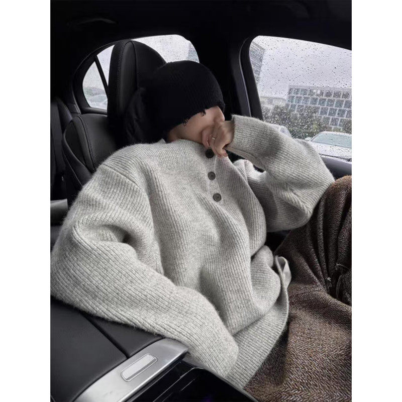 男士美式复古亨利领针织衫慵懒风毛衣加厚保暖纯色cleanfit外套