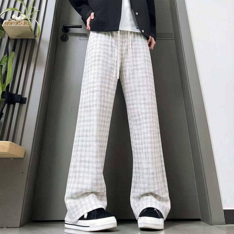 慵懒男士潮流格子拼接松紧腰直筒休闲裤宽松简约韩版阔腿休闲长裤
