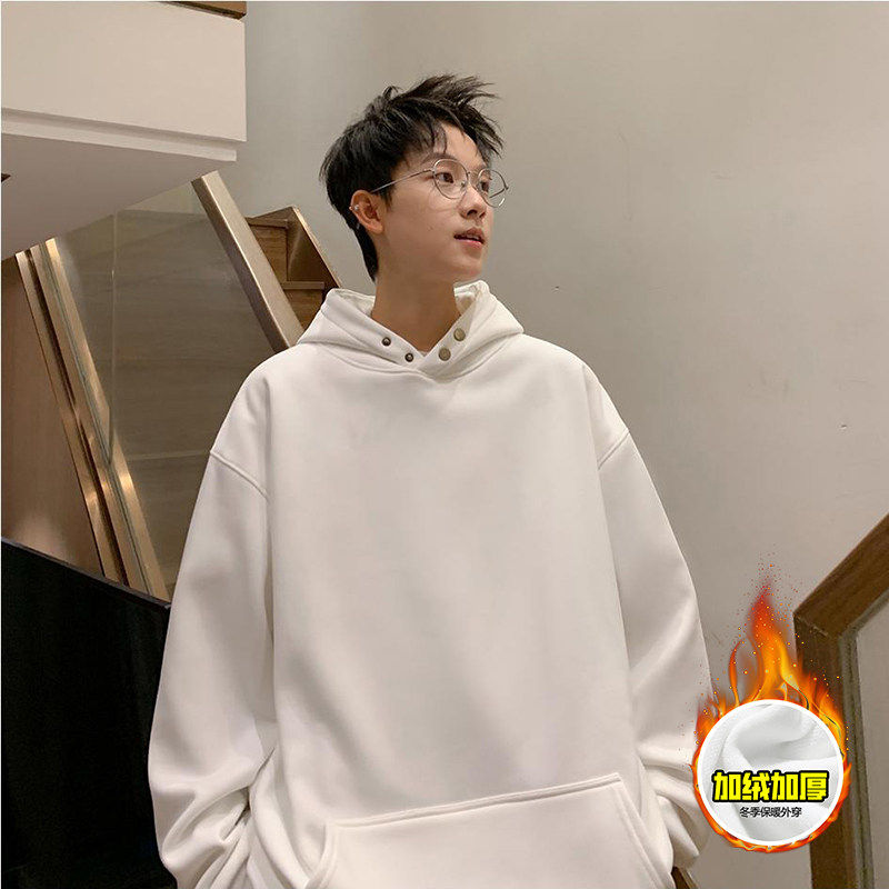 美式高街加绒加厚连帽卫衣男硬挺boxy版型秋冬重磅纯色两粒扣外套