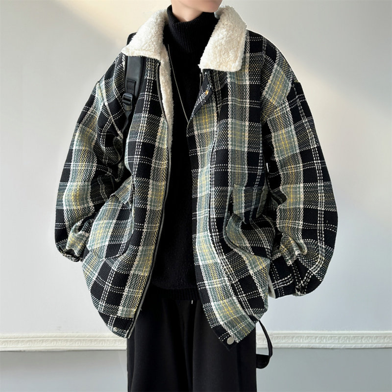 韩版格纹羊羔毛领加绒加厚棉服外套男宽松秋冬情侣棉衣棉袄男士