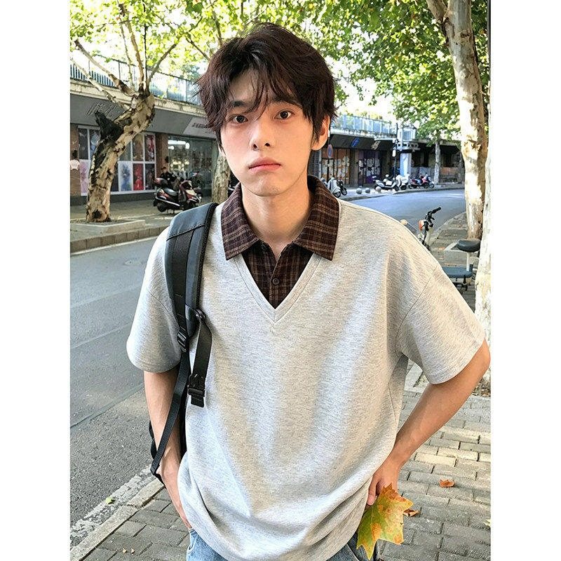 男美式假两件格纹拼接短袖T恤正肩韩版休闲宽松百搭人夫感翻领衫