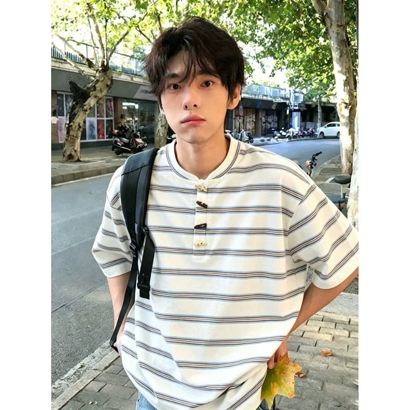 男士潮流宽松圆领条纹短袖T恤韩版复古休闲学院风纯棉新款上衣