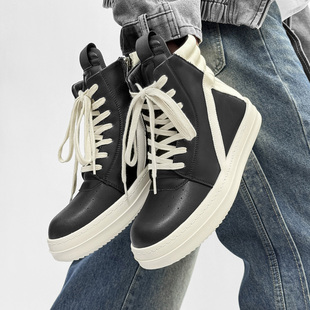 ro倒三角黑白高帮鞋男欧美真皮厚底增高时尚板鞋情侣休闲潮鞋靴子