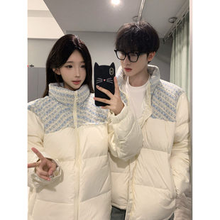 男士小香风粗纺拼接立领棉服米白印花长袖无帽休闲情侣款棉衣外套