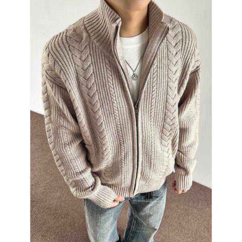男款韩版假两件V领宽松慵懒风羊毛针织衫简约纯色拉链开衫毛衣