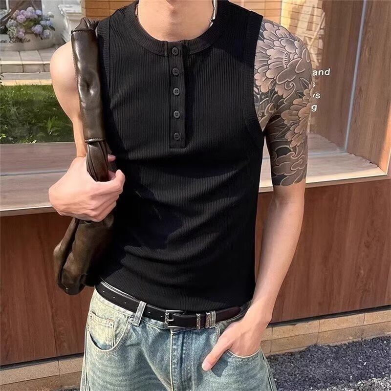 男士夏季修身弹力纯色中性街头亨利领背心无袖叠穿潮流健身马甲