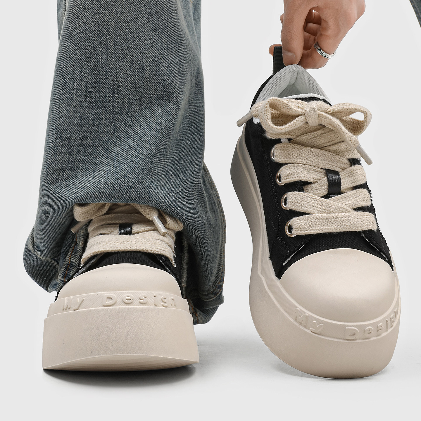 美式黑白厚底板鞋女透气大头帆布鞋增高休闲鞋男百搭运动鞋子潮鞋