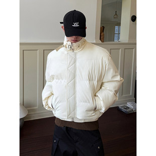 男士短款立领白色棉服日系文艺宽松外套立体工艺高街潮搭时髦个性